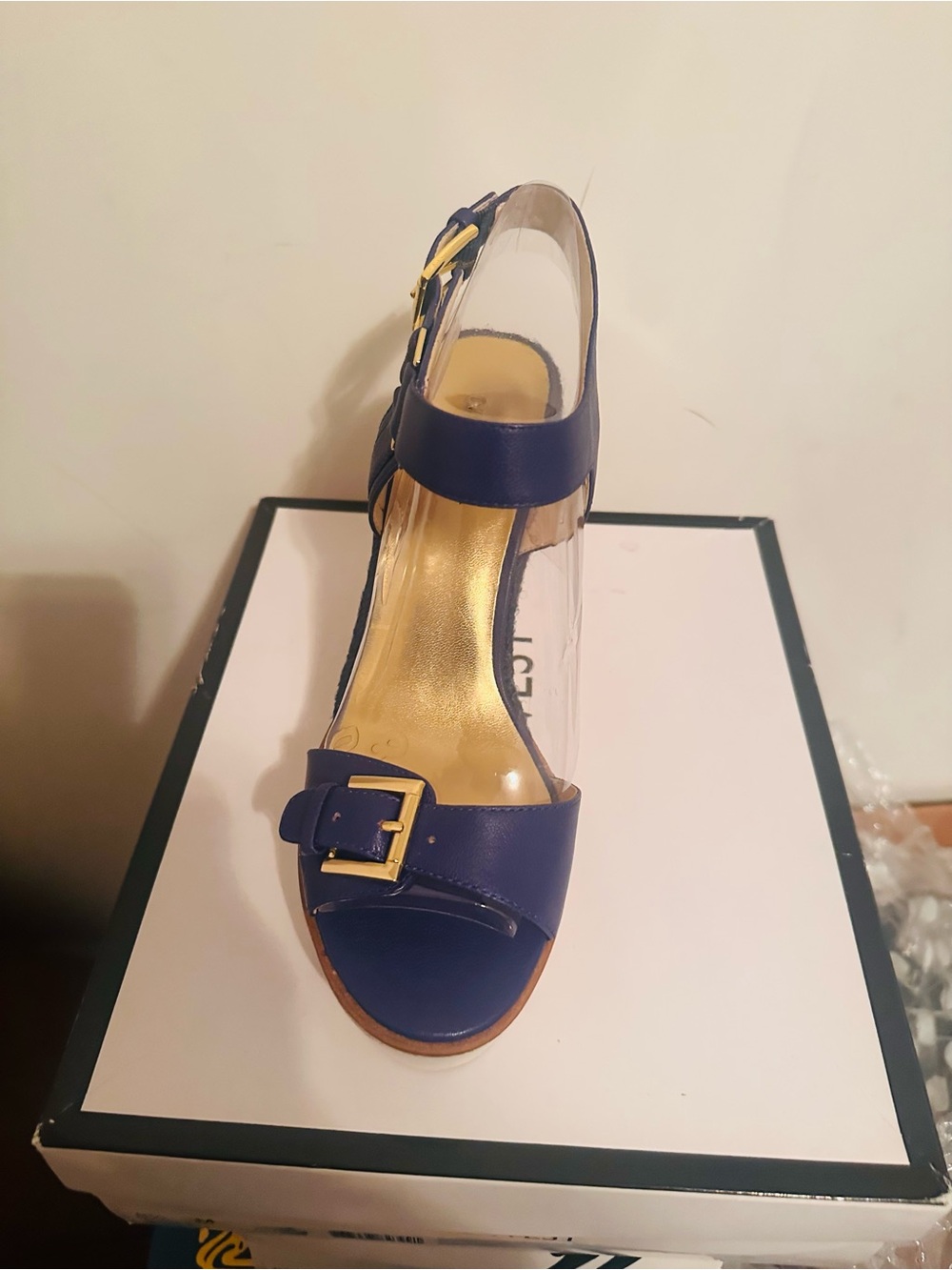 Nine West Navy and Gold Buckle Wedge Sandal